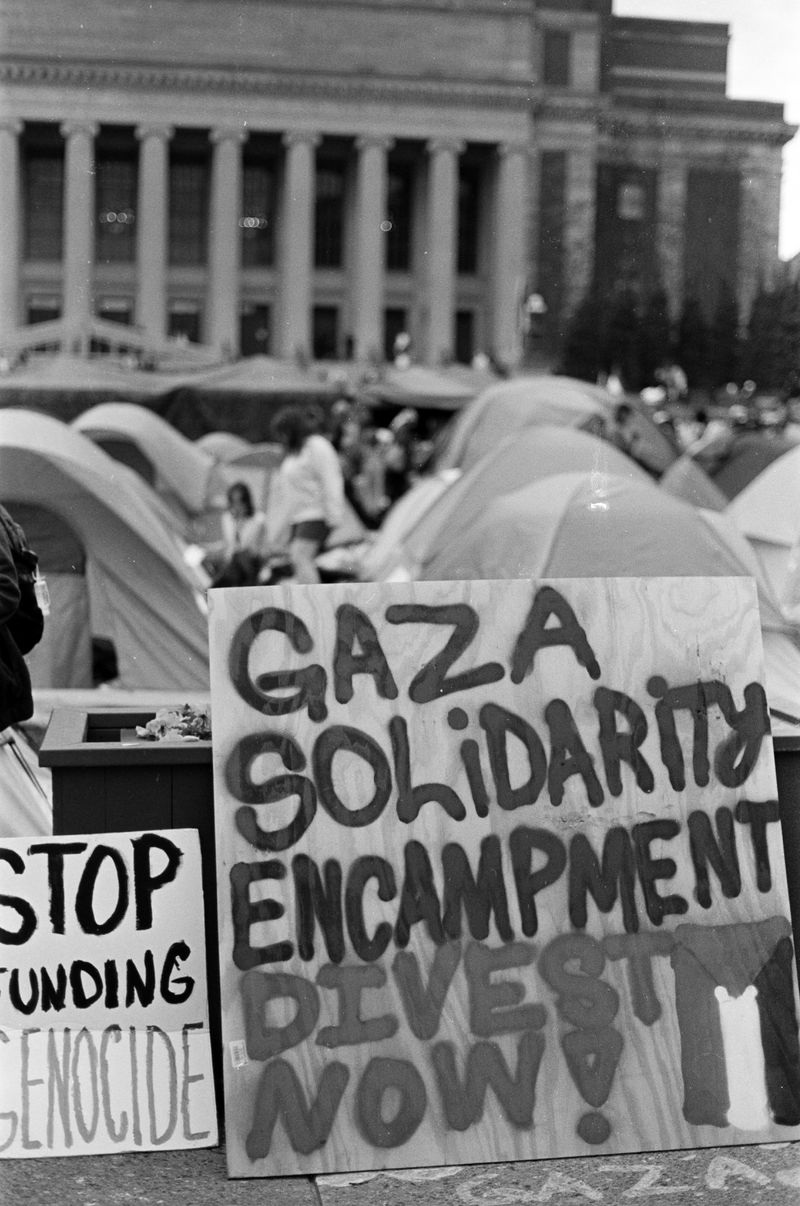 Large hand-painted signs that display messages showing support for Palestinians in Gaza and encouraging divestment from corporate entities connected to Israel.