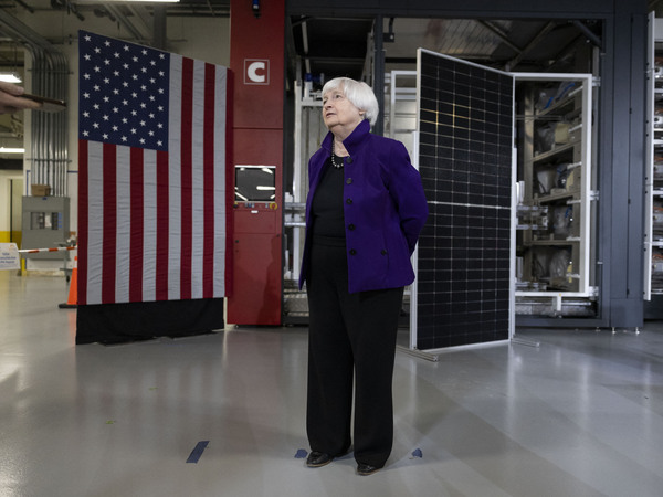 Treasury Secretary Janet Yellen tours solar cell company Suniva in Norcross, Ga., on March 27.