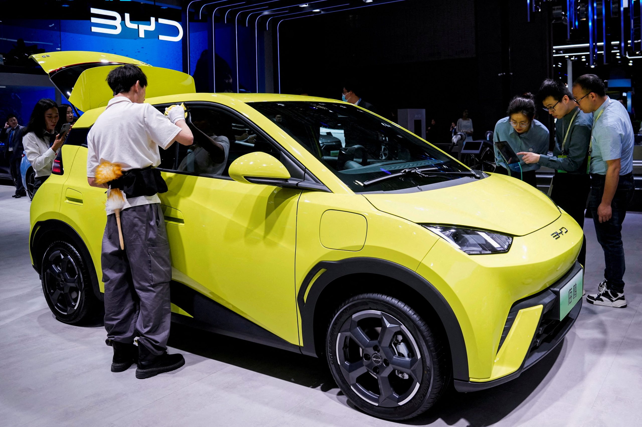 The yellow BYD Seagull electric hatchback.