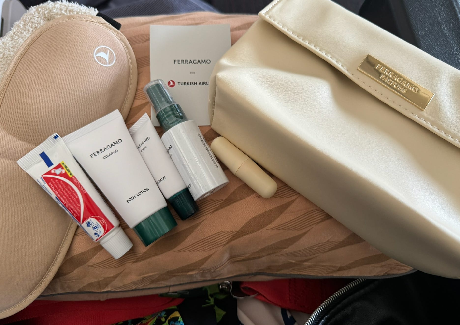 Amenities bag on business class tray table 