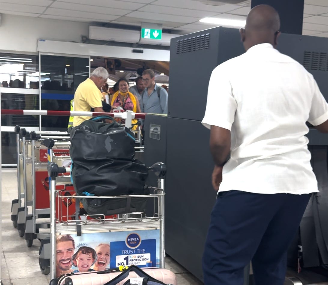 Man escorting luggage throuh airport on a cart 