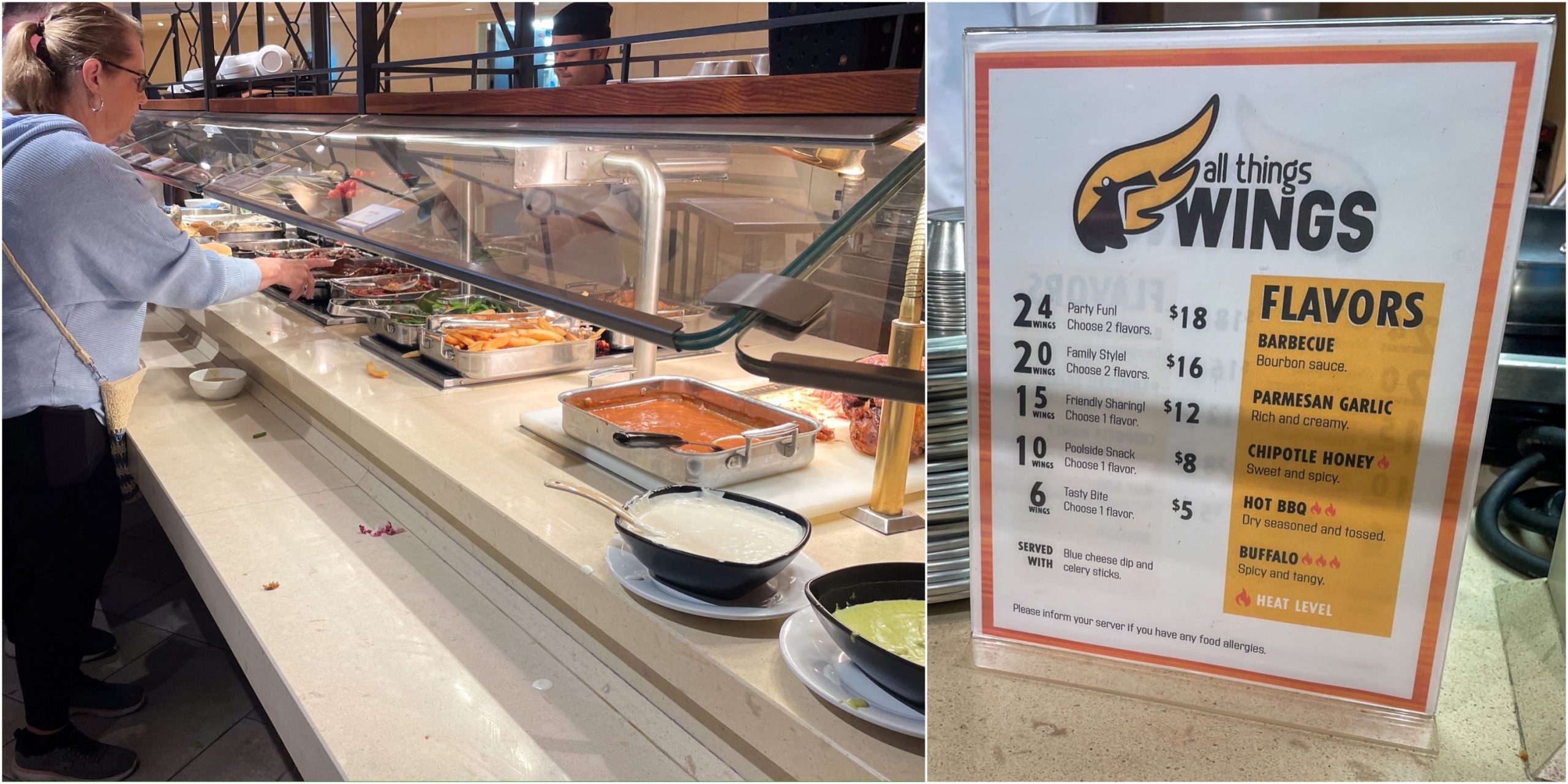 A composite image of a buffet and of a menu showing the prices of wings.