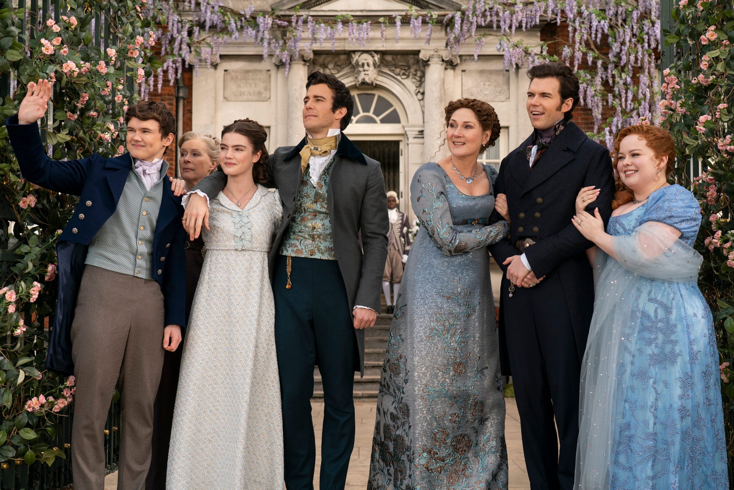 Will Tilston as Gregory Bridgerton, Florence Hunt as Hyacinth Bridgerton, Luke Thompson as Benedict Bridgerton, Ruth Gemmell as Lady Violet Bridgerton, Luke Newton as Colin Bridgerton, and Nicola Coughlan as Penelope Featherington in the season three finale of "Bridgerton."