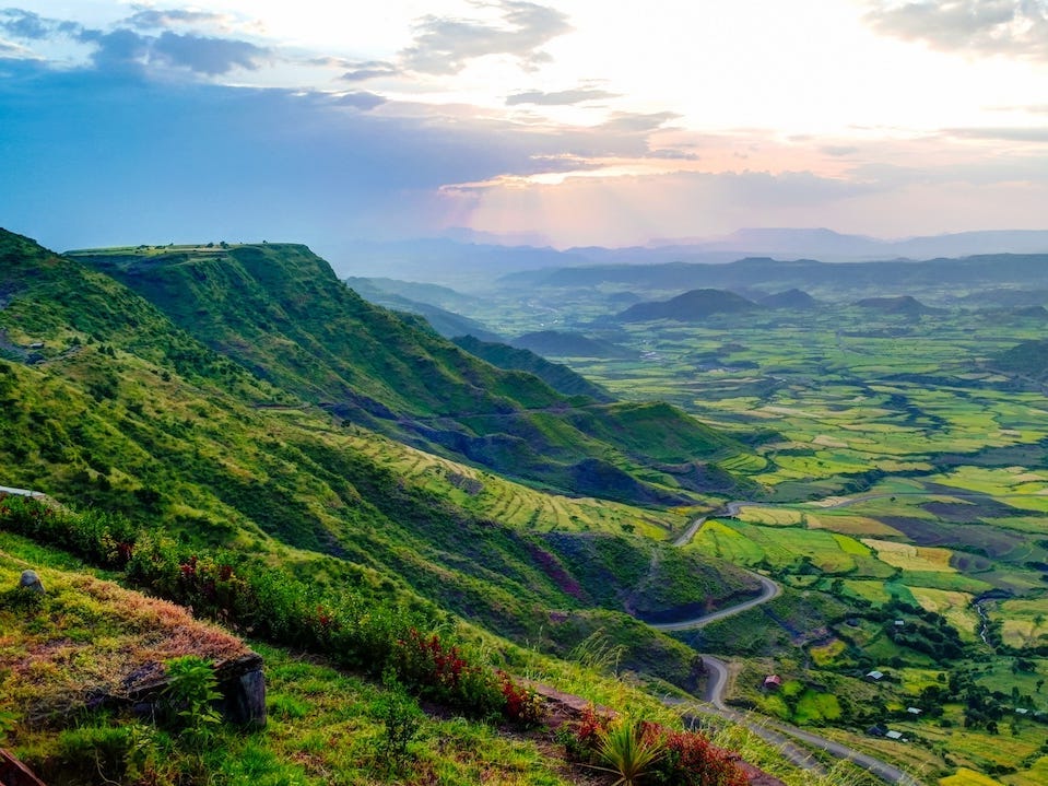 Panorama of Semien mountains and valley around Lalibela Ethiopia.