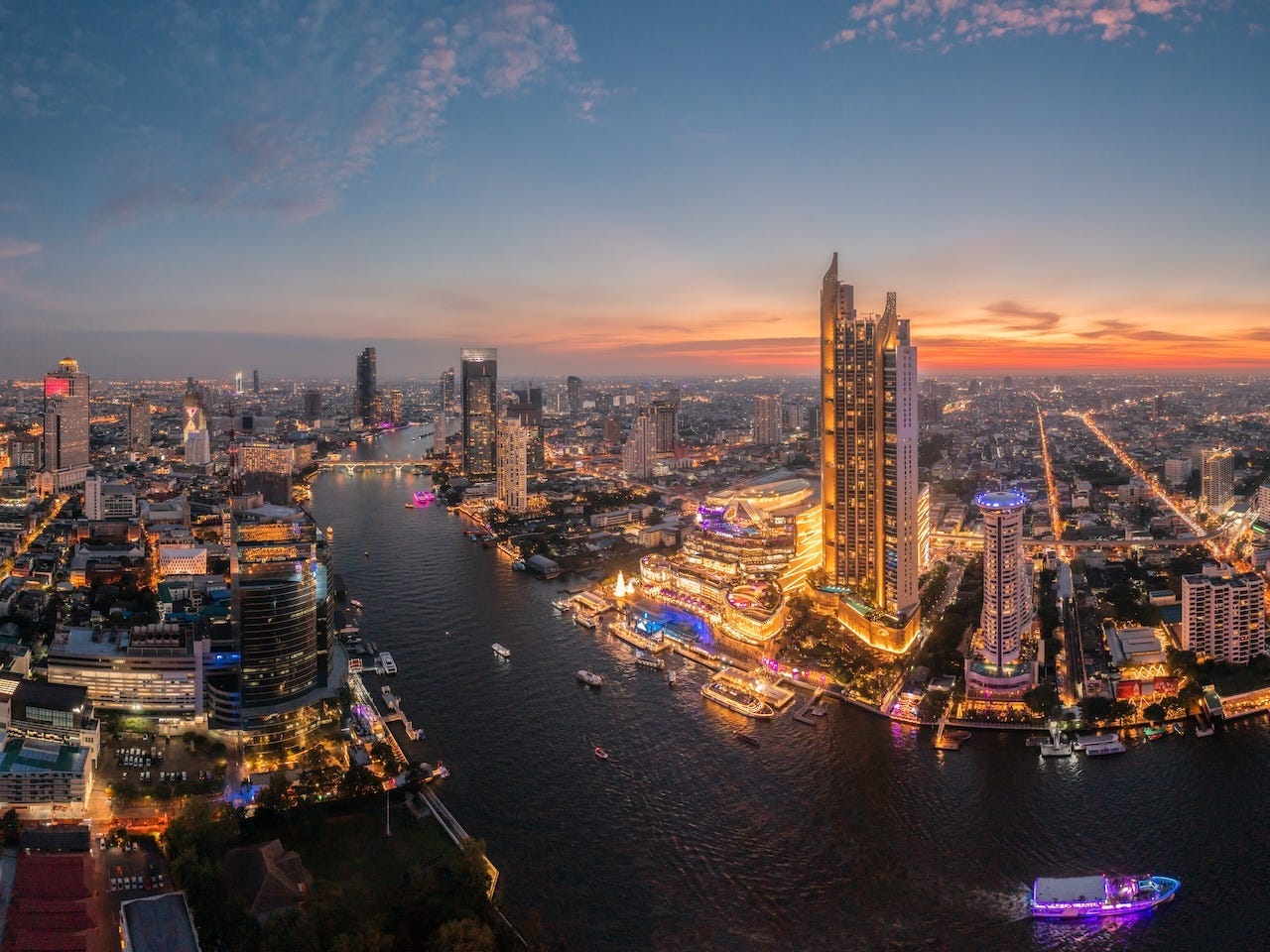 Aerial view of Bangkok city Panorama at twilight scene.