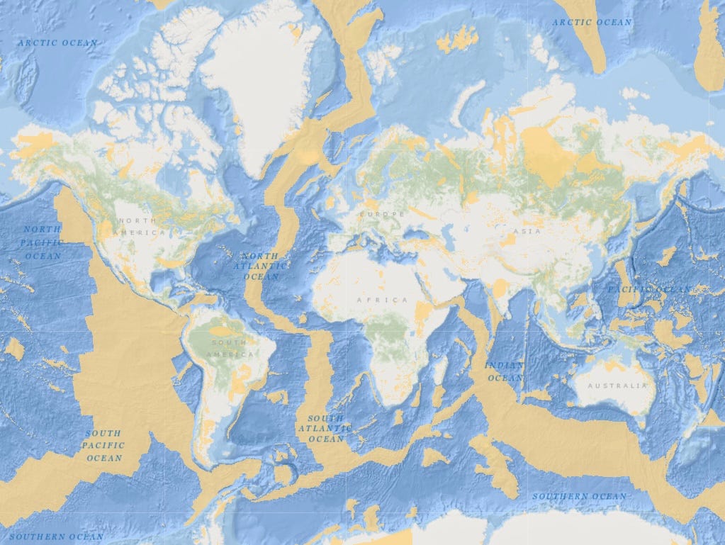 world map with vast yellow patches snaking through all the oceans and some big splotches within each continent