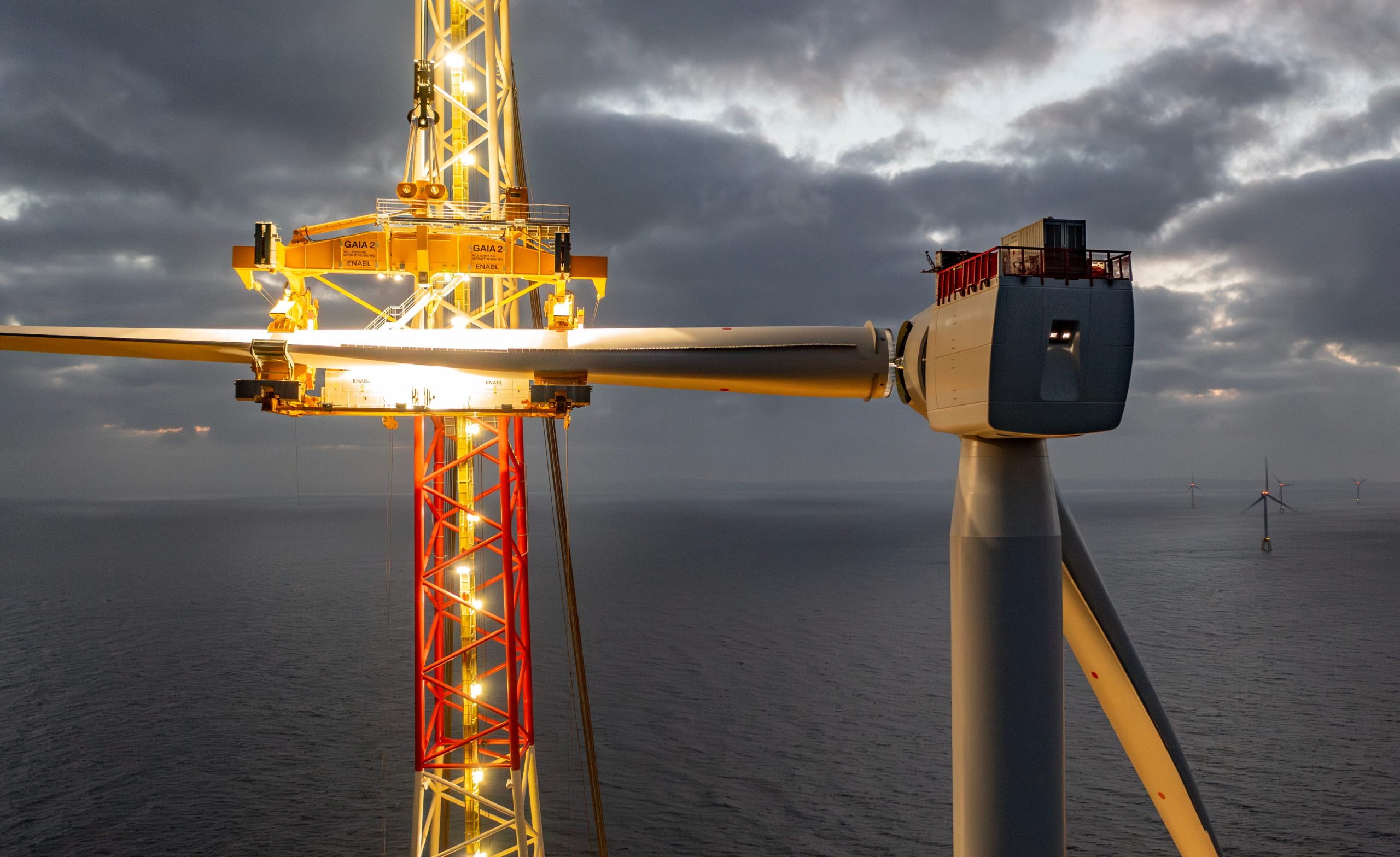 An offshore wind turbine under construction.