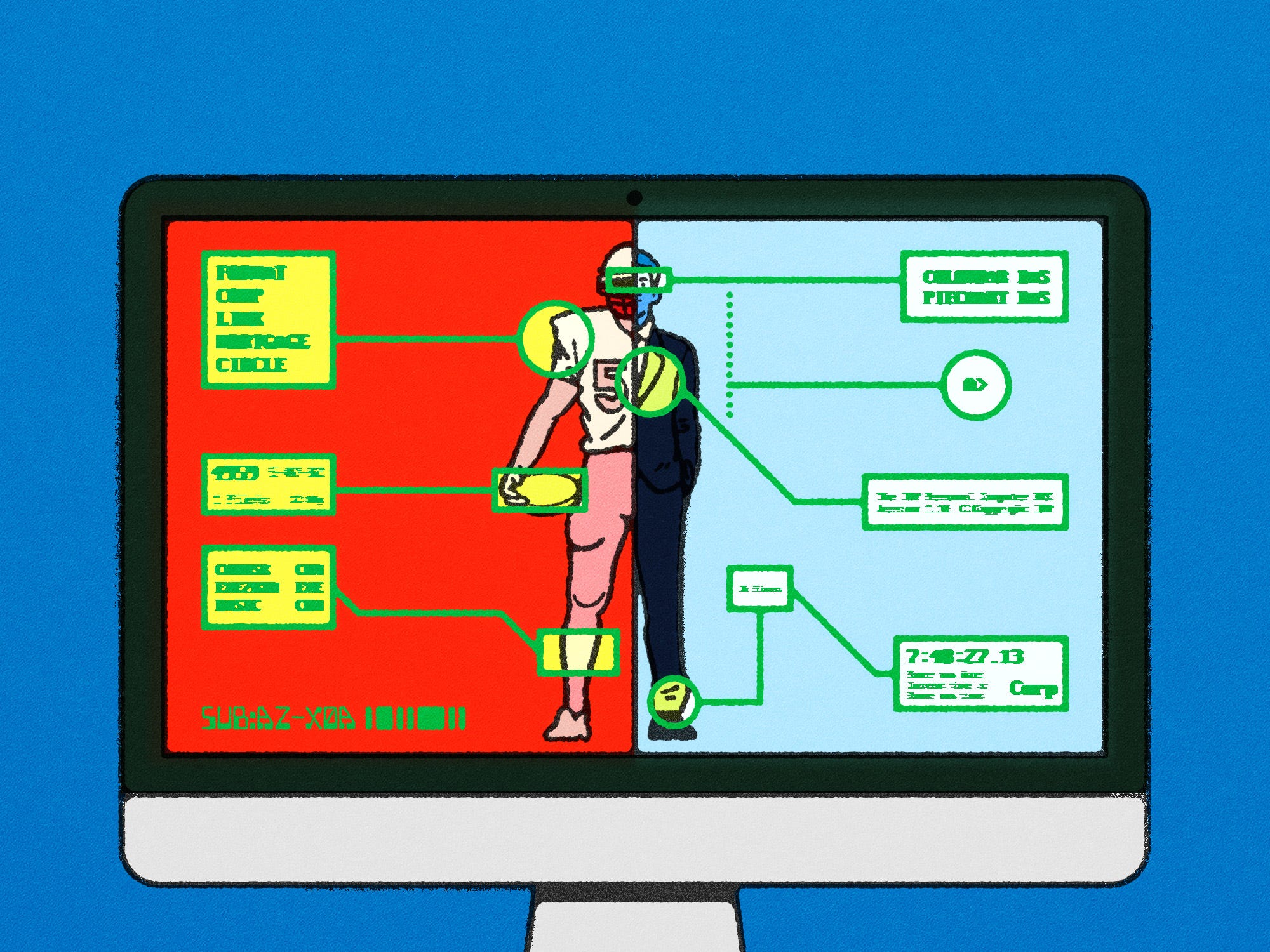 A computer screen displaying analytics of a football player and a business man