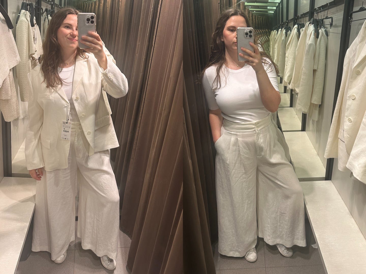 A side-by-side of a woman taking a mirror selfie in a dressing room in a white outfit.