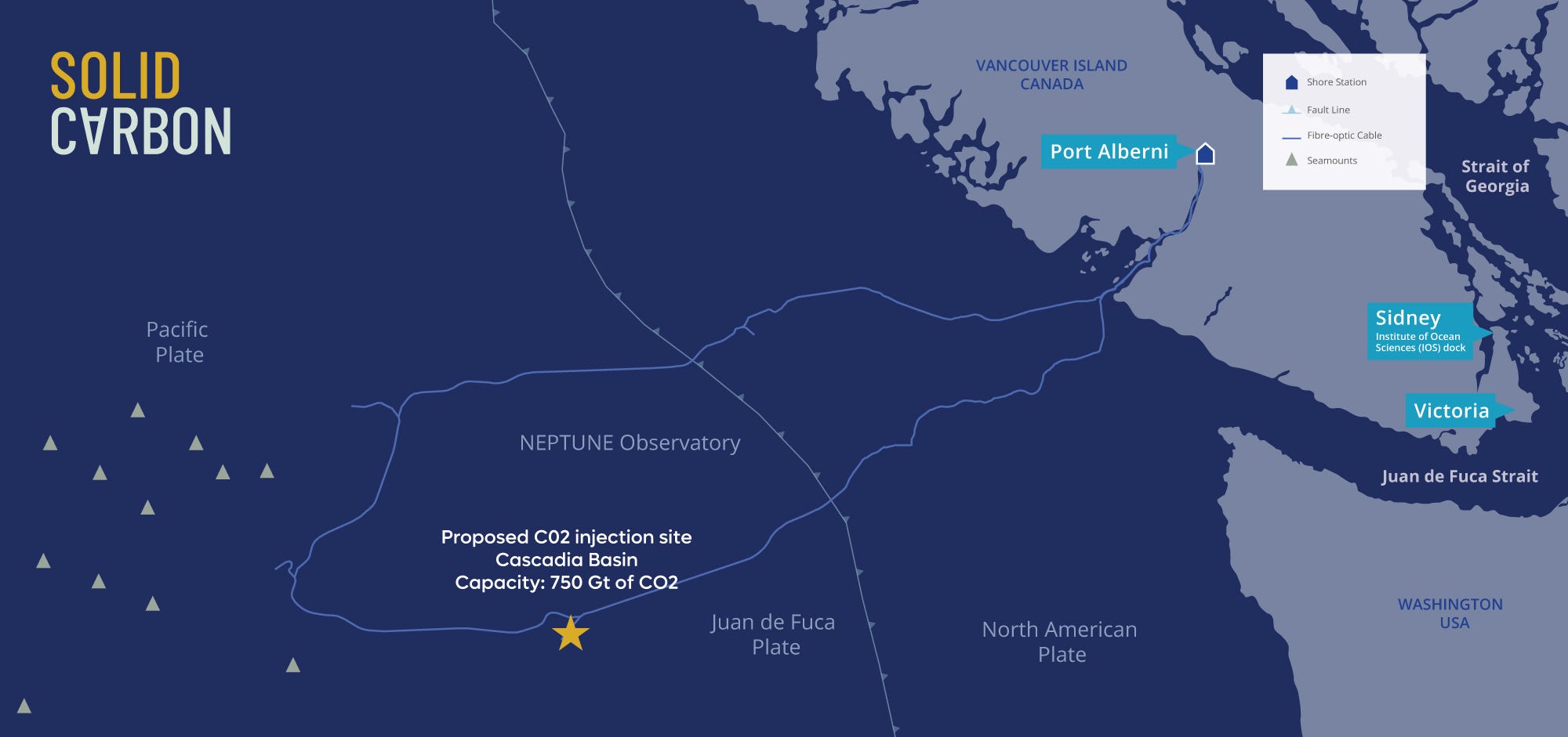 map shows vancouver island canada above Washington USA with a star marking the proposed injection site for solid carbon far offshore in the ocean