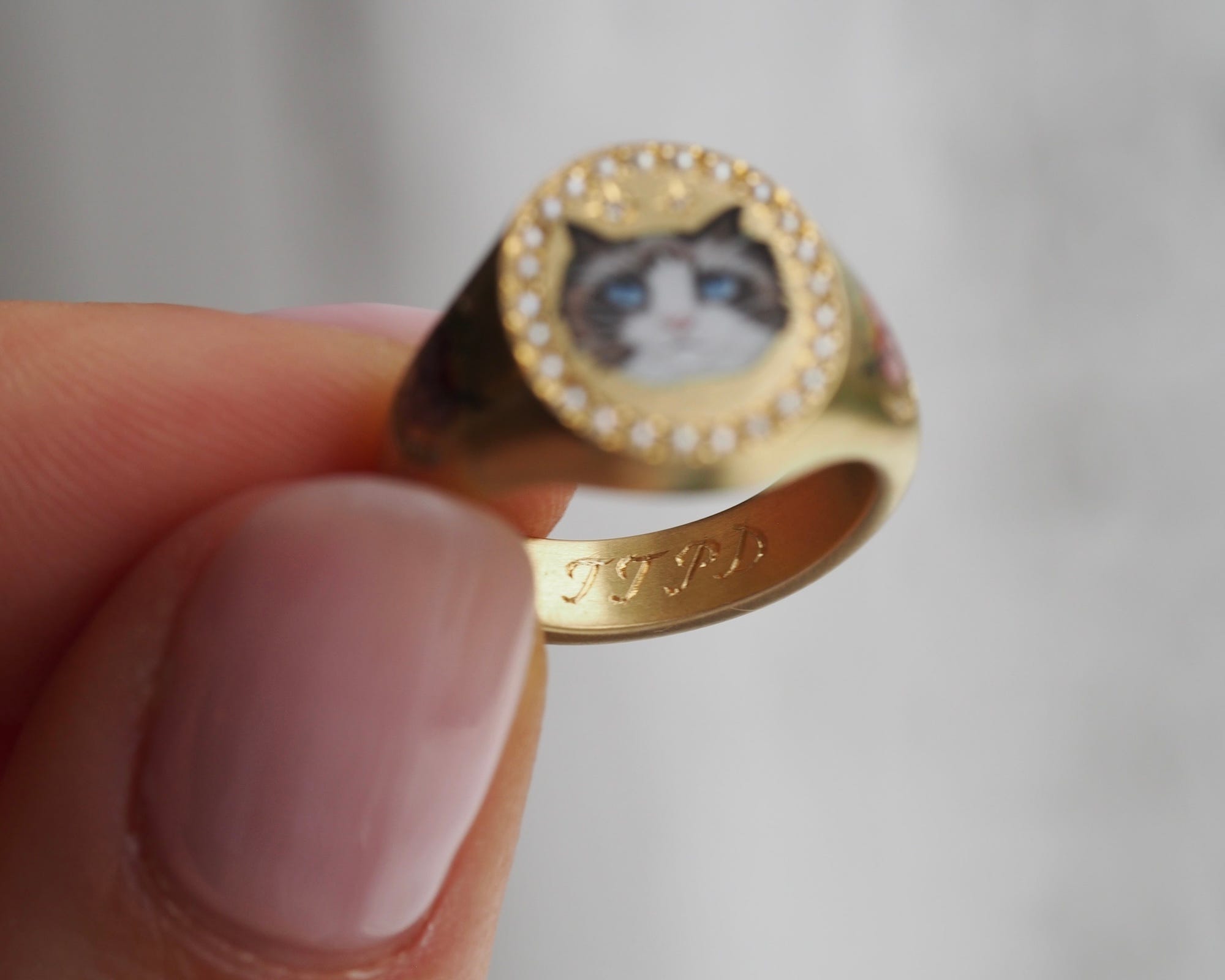 A gold ring with a portrait of a cat. The inside is engraved with "TTPD."