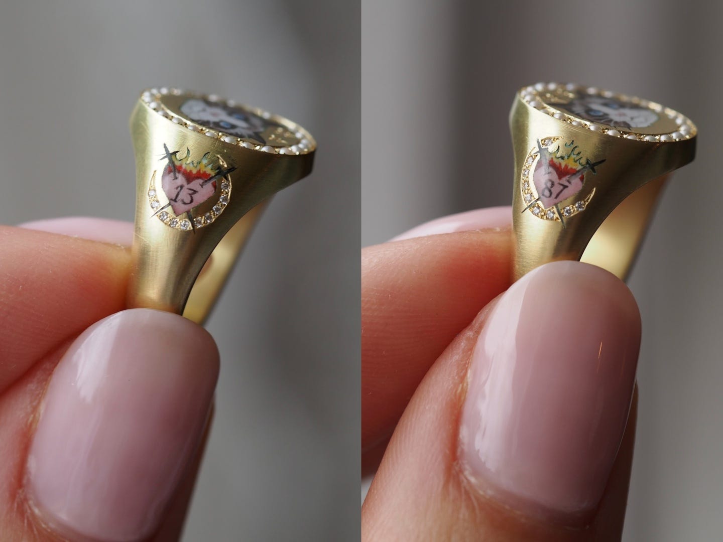 A side-by-side of two sides of a ring. One has 13 in a heart on it, the other has 87 in a heart.