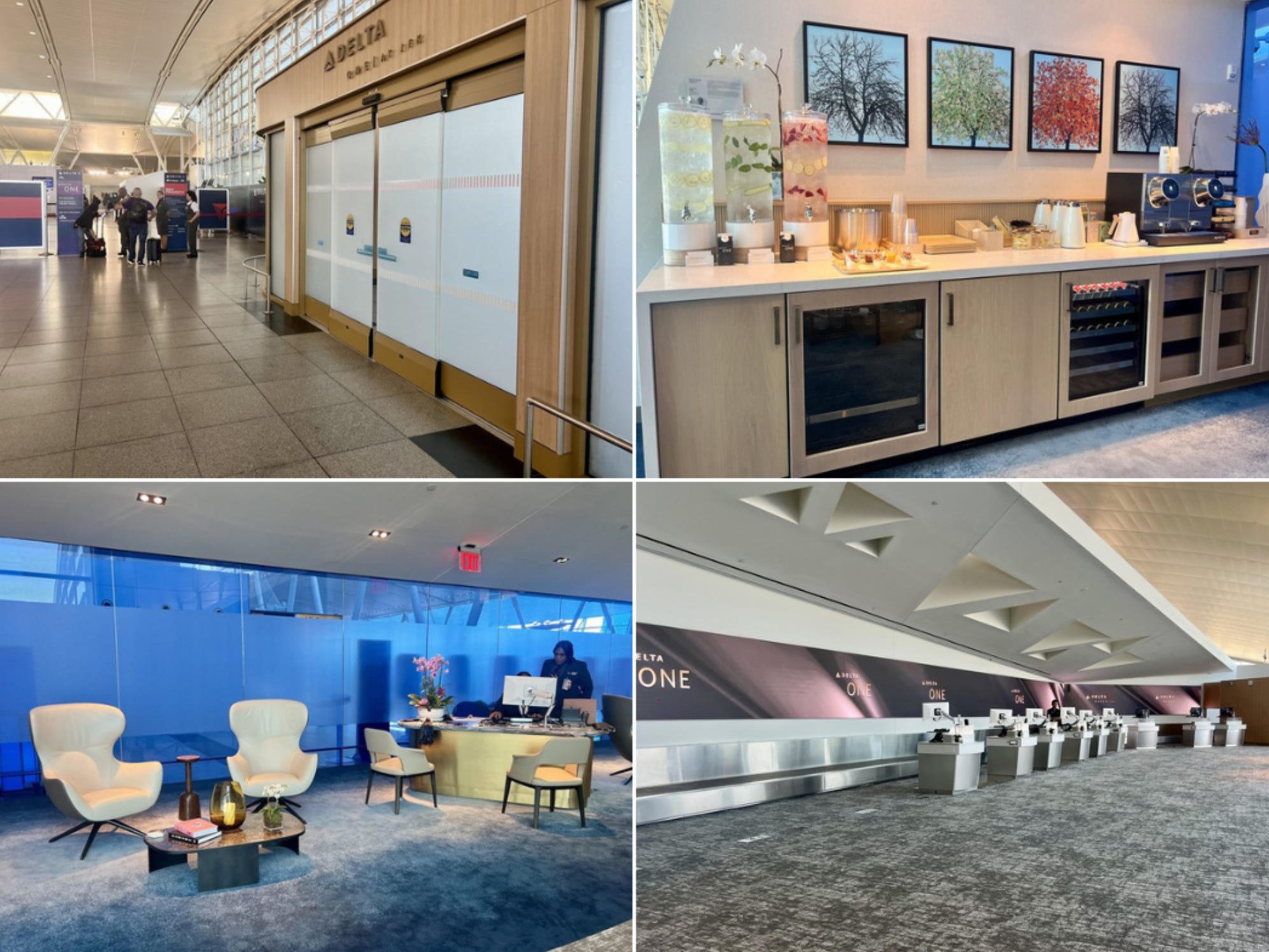 Collage of the Delta One Lounge check-in: main entrance, food, and drink station with pictures of seasonal trees above, concierge desks with beige chairs, and bag drop with purple backsplash.