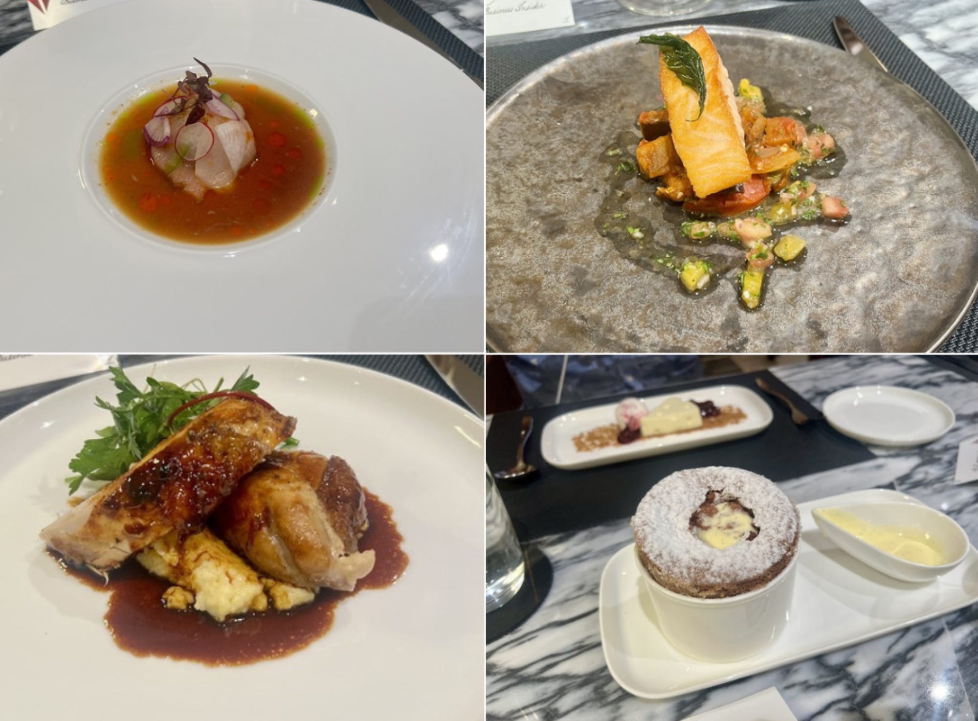 Collage of four of the courses served at the lounge, including appetizers, chicken entree, and dessert.