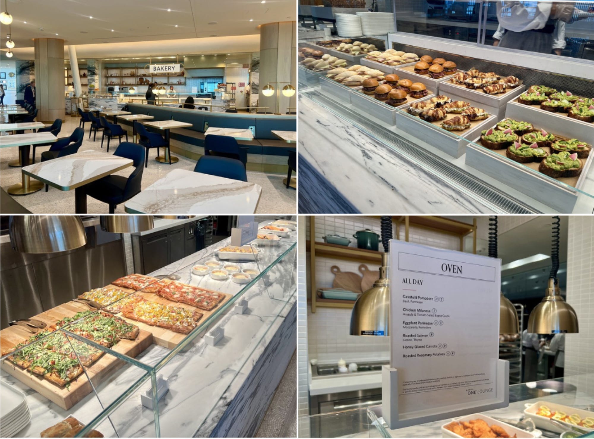 The market and bakery food items in a collage with rhe dining room, complete with white tables and blue chairs.