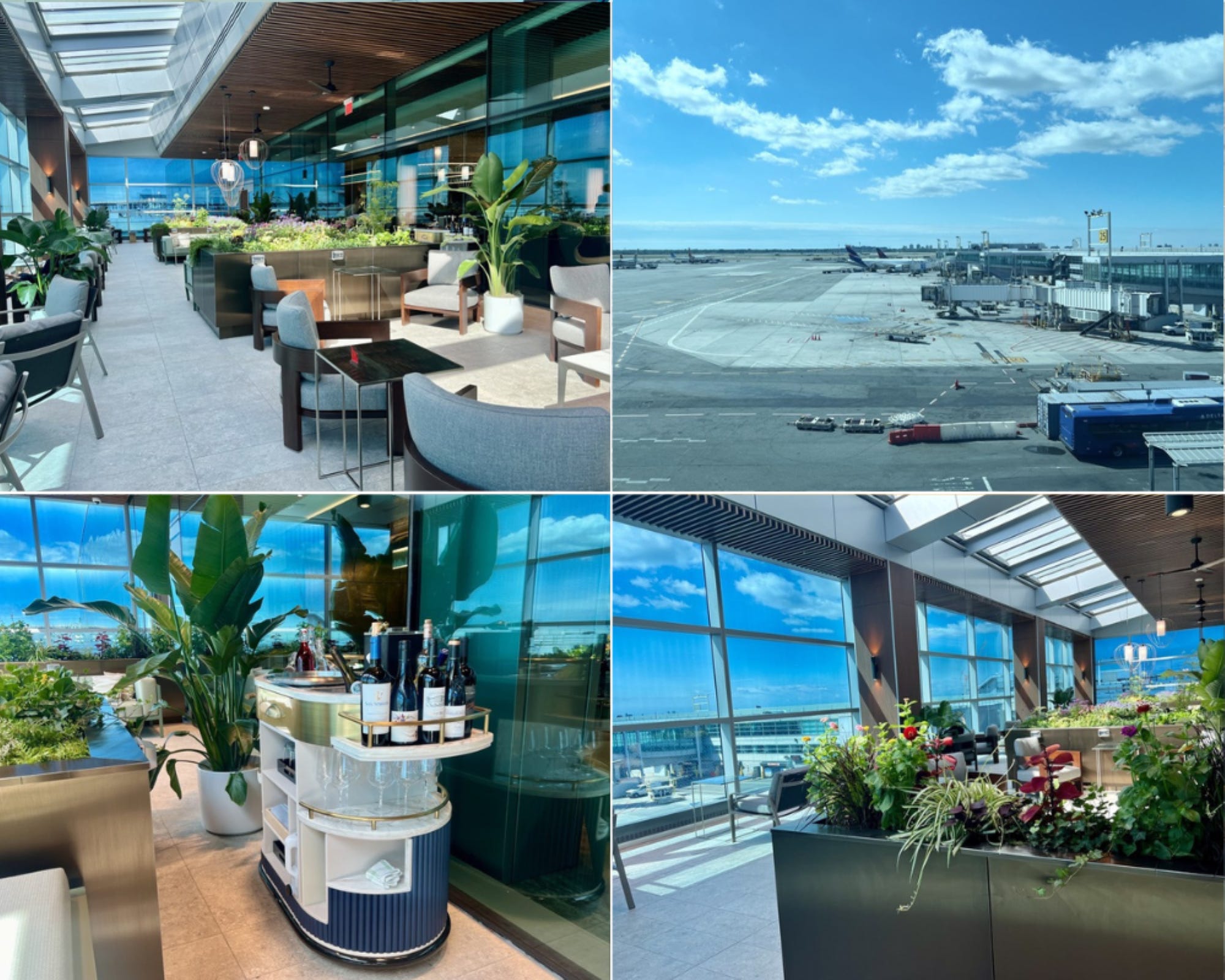 Collage of the terrace with greenery and flowers and white furniture. A photo of an alcohol cart and a Latam and Delta plane on the tarmac are also included.