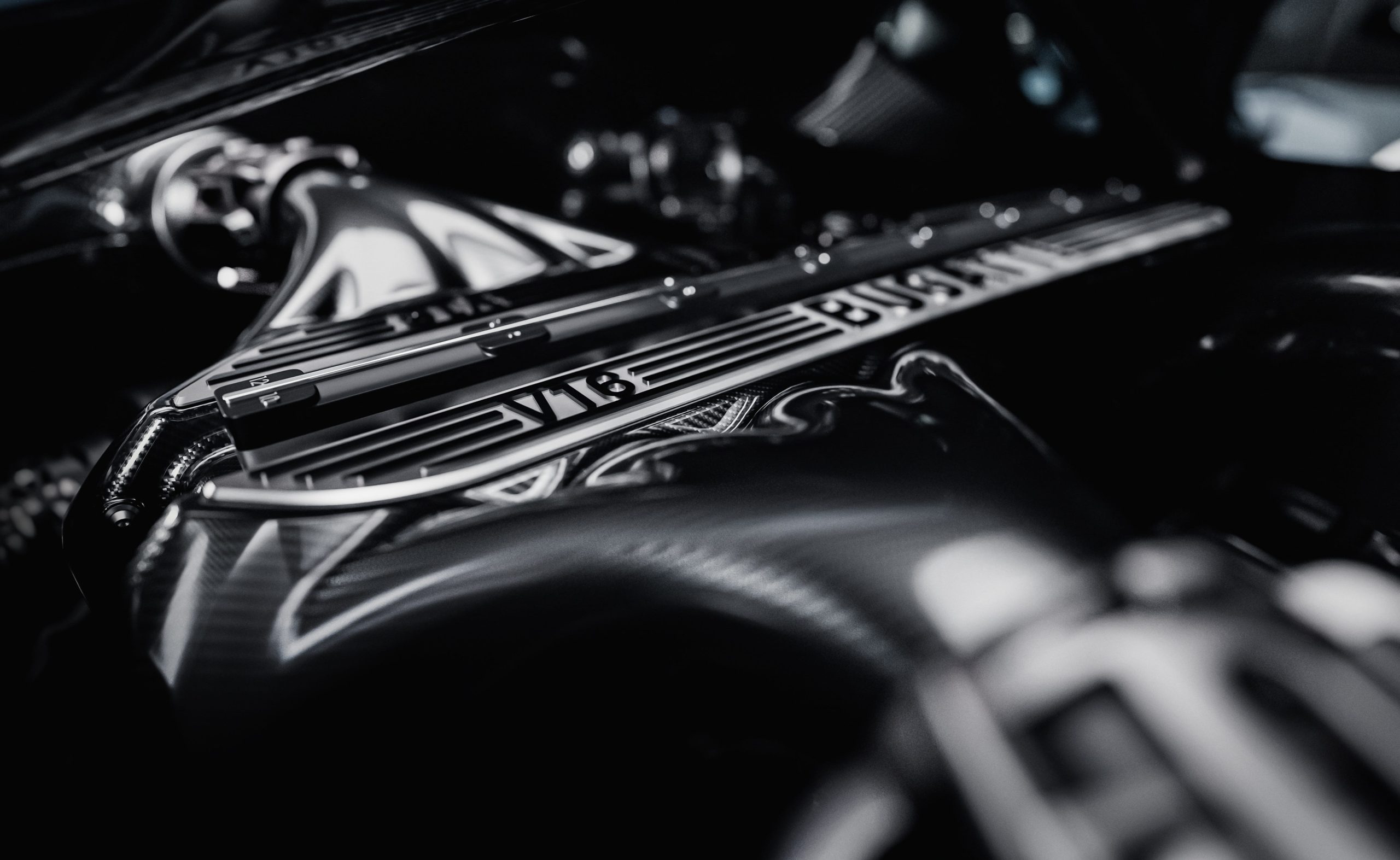 The V16 engine in a Bugatti Tourbillon hypercar.