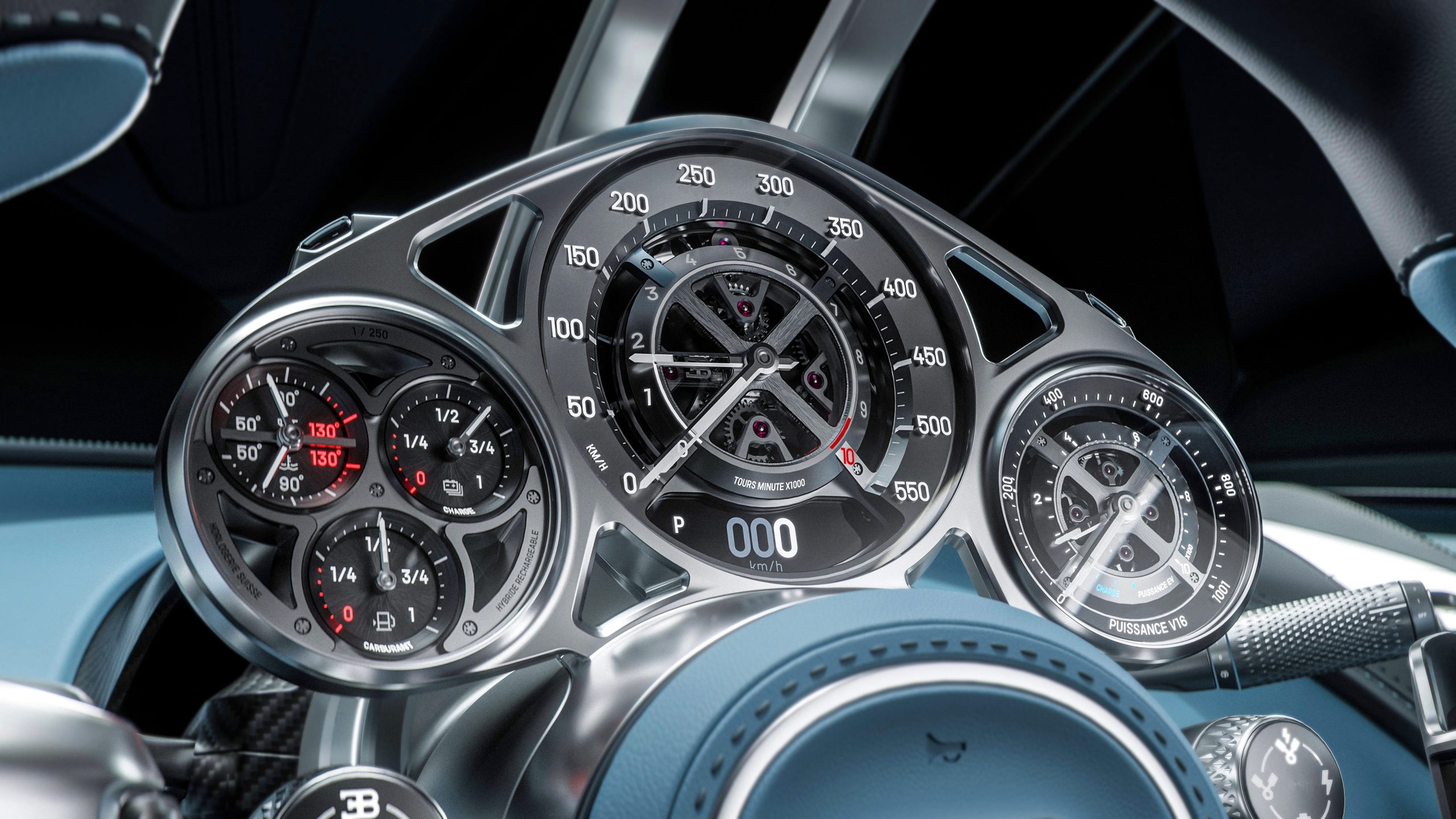 The analog gauges in a Bugatti Tourbillon hypercar.