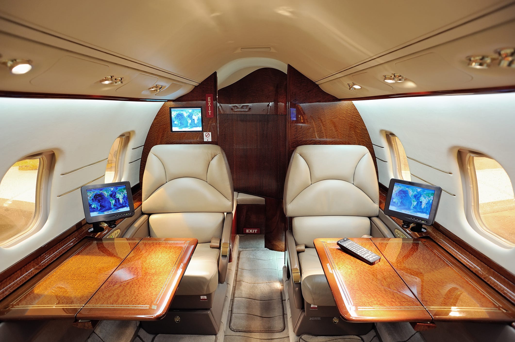 The interior of a private jet