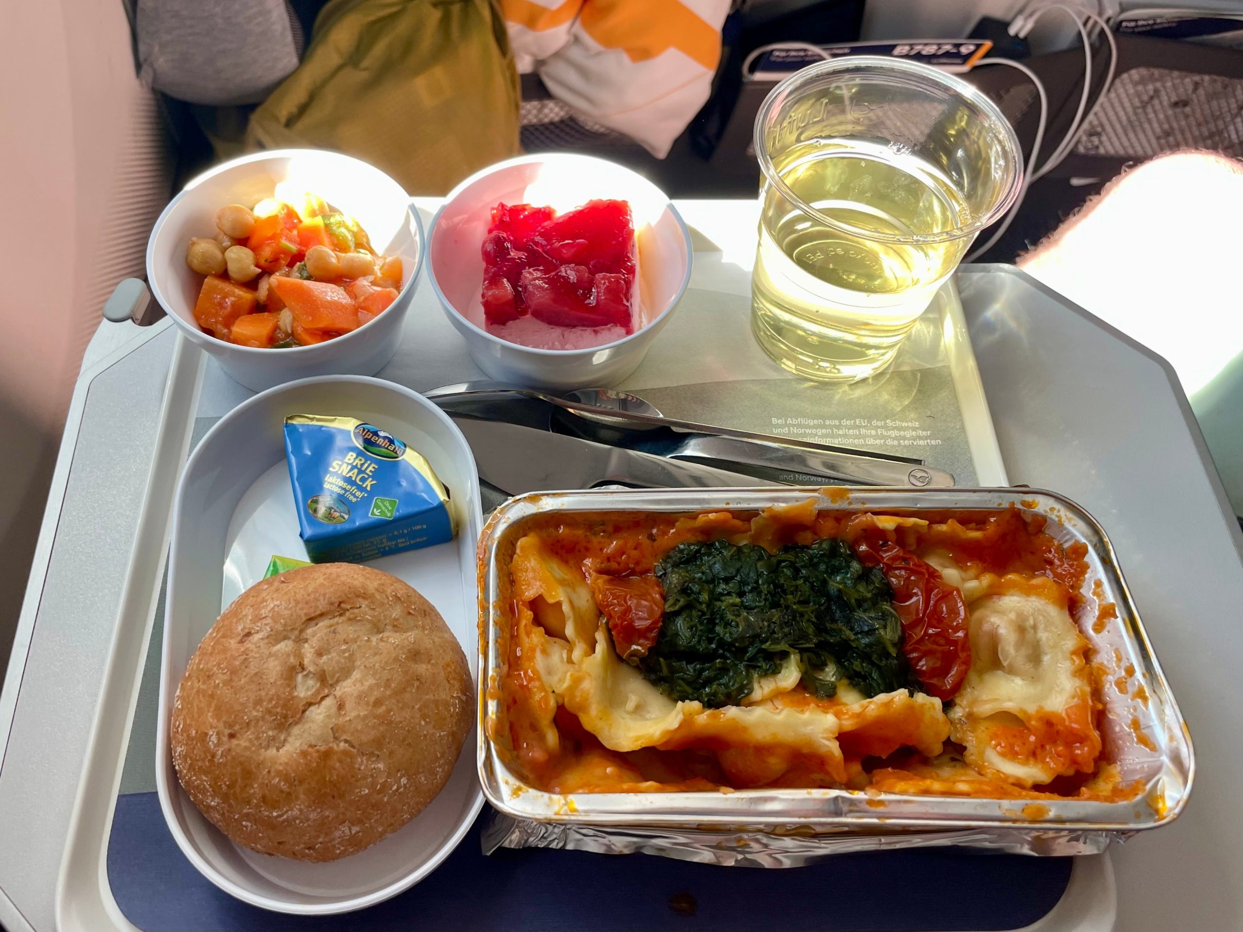 The author's vegetarian meal on the long-haul flight.