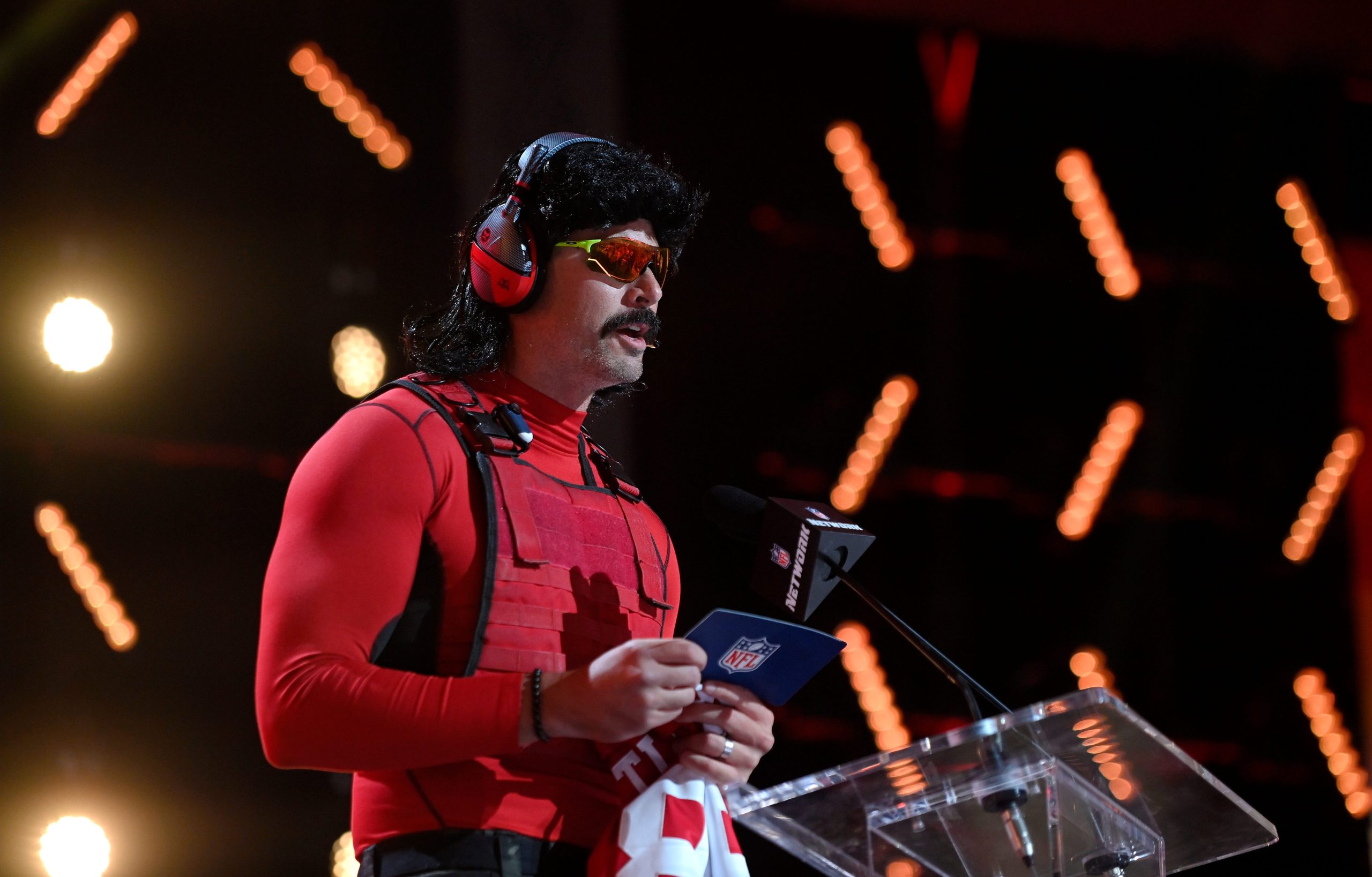 Video-game streamer Dr DisRespect announces the San Francisco 49ers' 93rd overall pick during round three of the 2022 NFL Draft on April 29, 2022 in Las Vegas, Nevada.