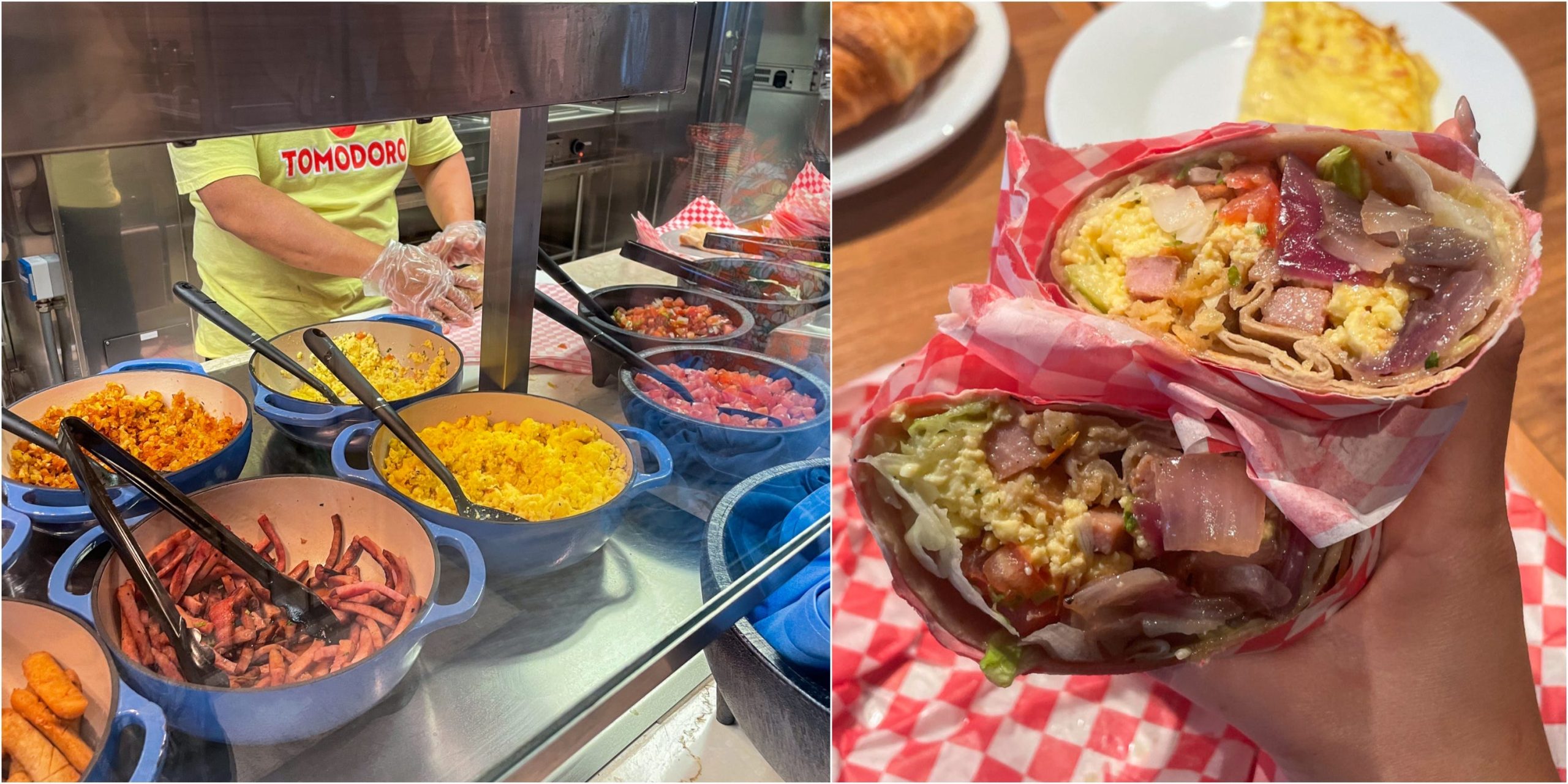 composite of a breakfast burrito and stand where it's made on Carnival Firenze