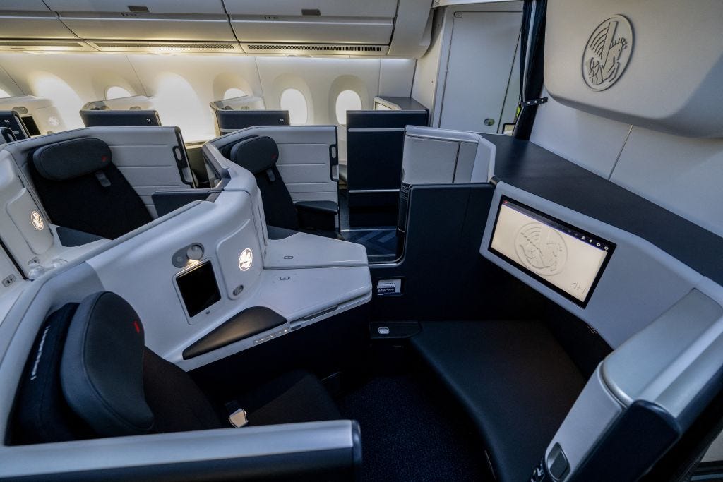 Business class seats in a new Air France Airbus A350 airplane.