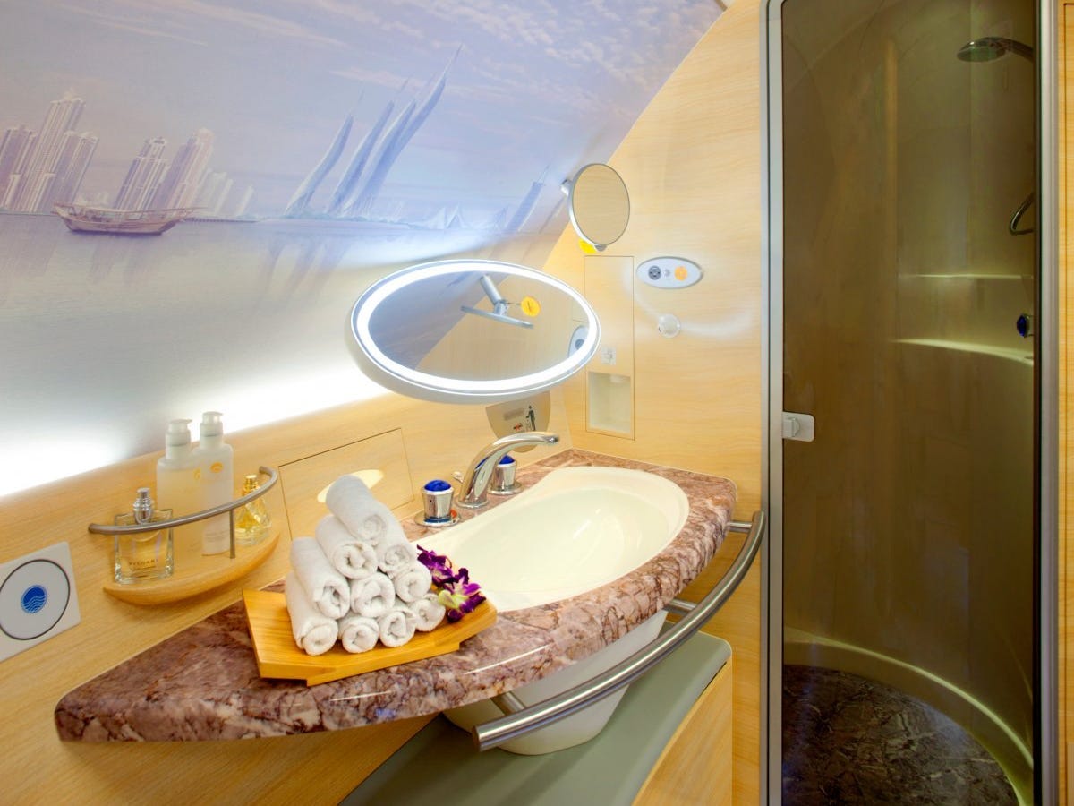 An in-flight shower on an Emirates Airbus A380.