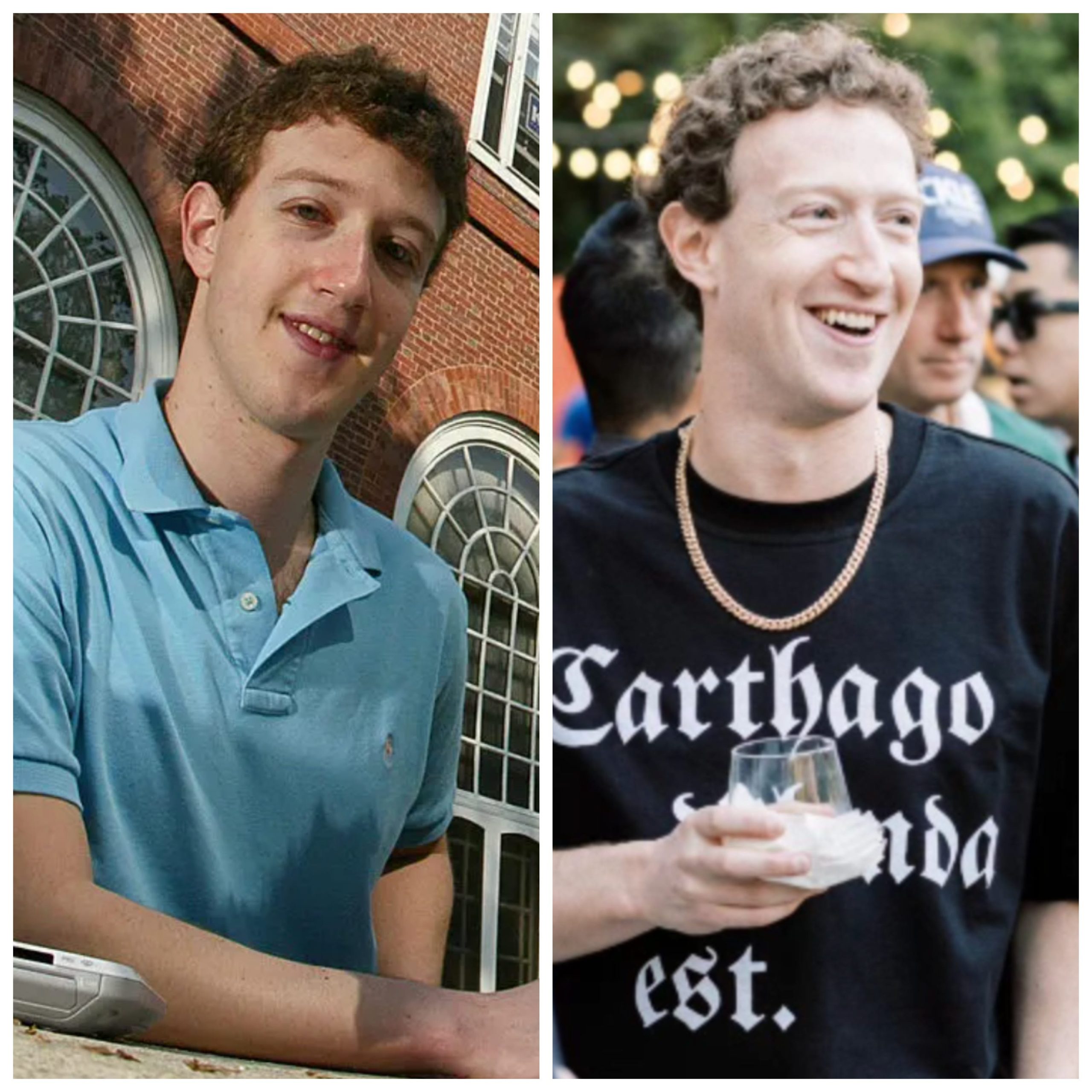 side-by-side of Mark Zuckerberg in 2004 and 2024