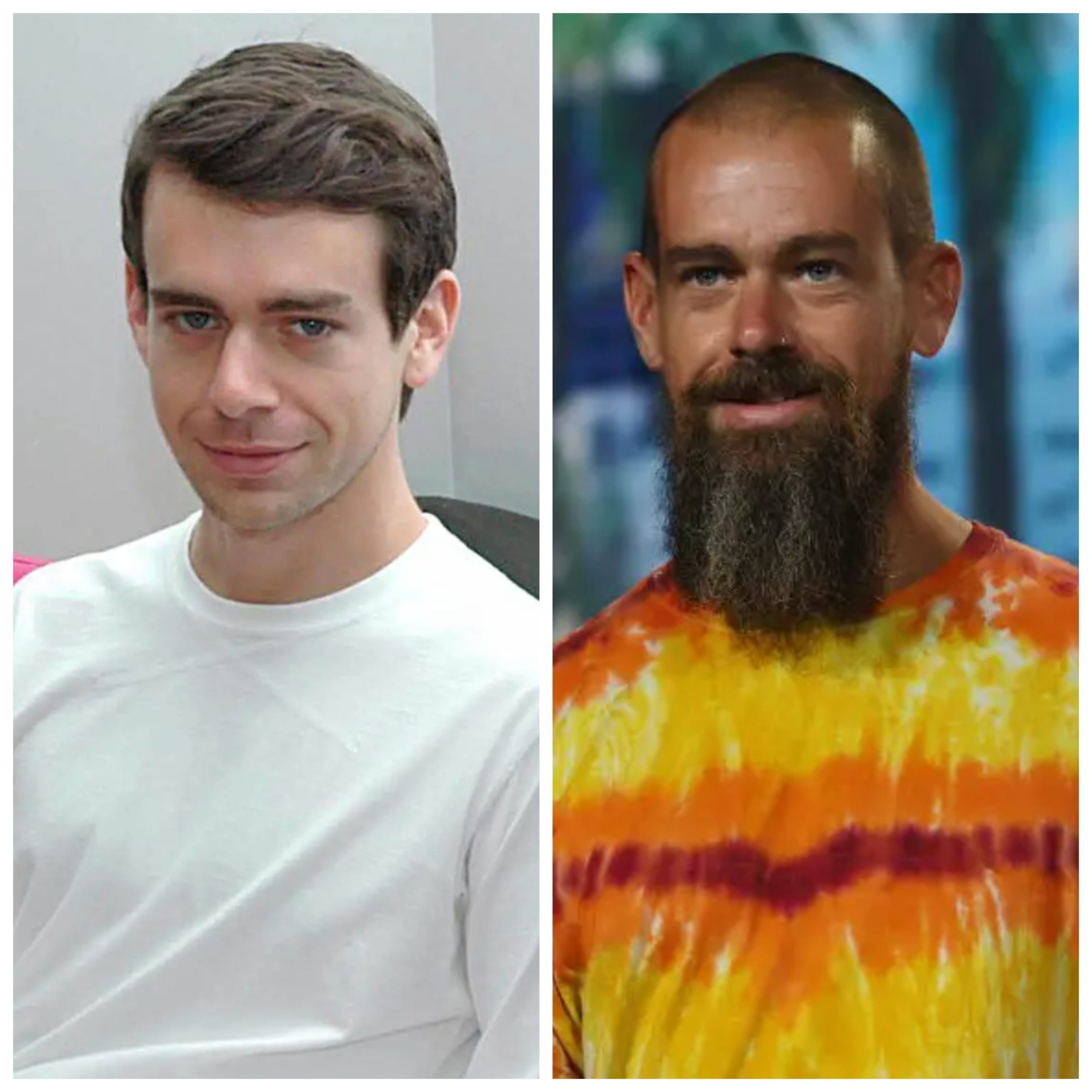 side-by-side image of Twitter cofounder Jack Dorsey in 2007 and 2021