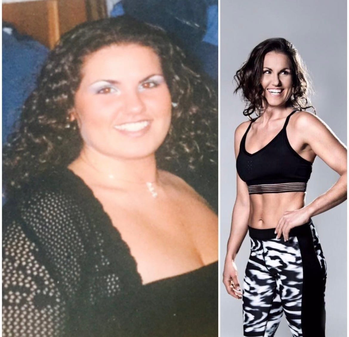 A composite image showing two pictures of a woman before and after losing weight.