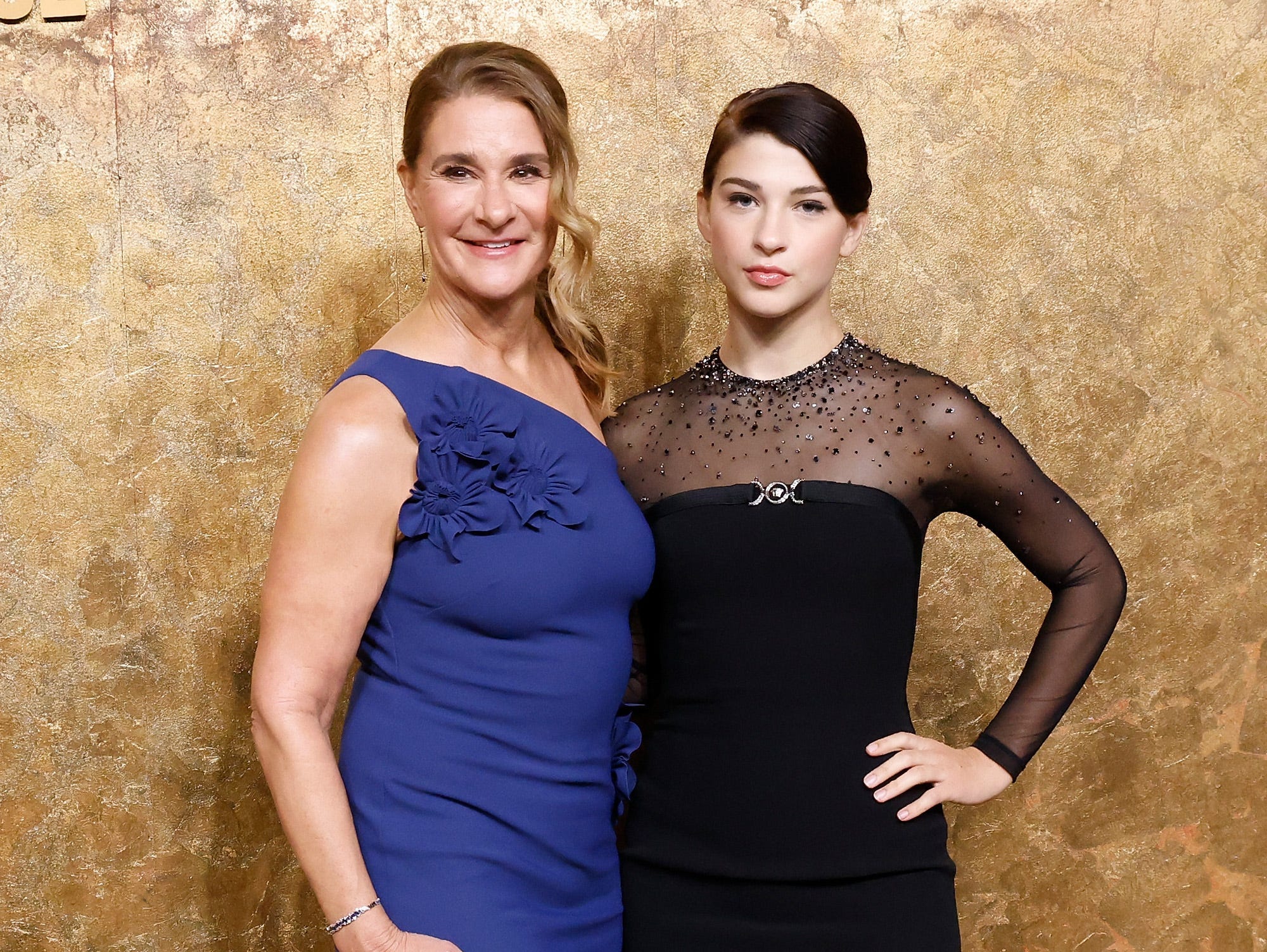 Melinda and Phoebe Gates pose together in floor-length gowns at a 2023 event in New York City.