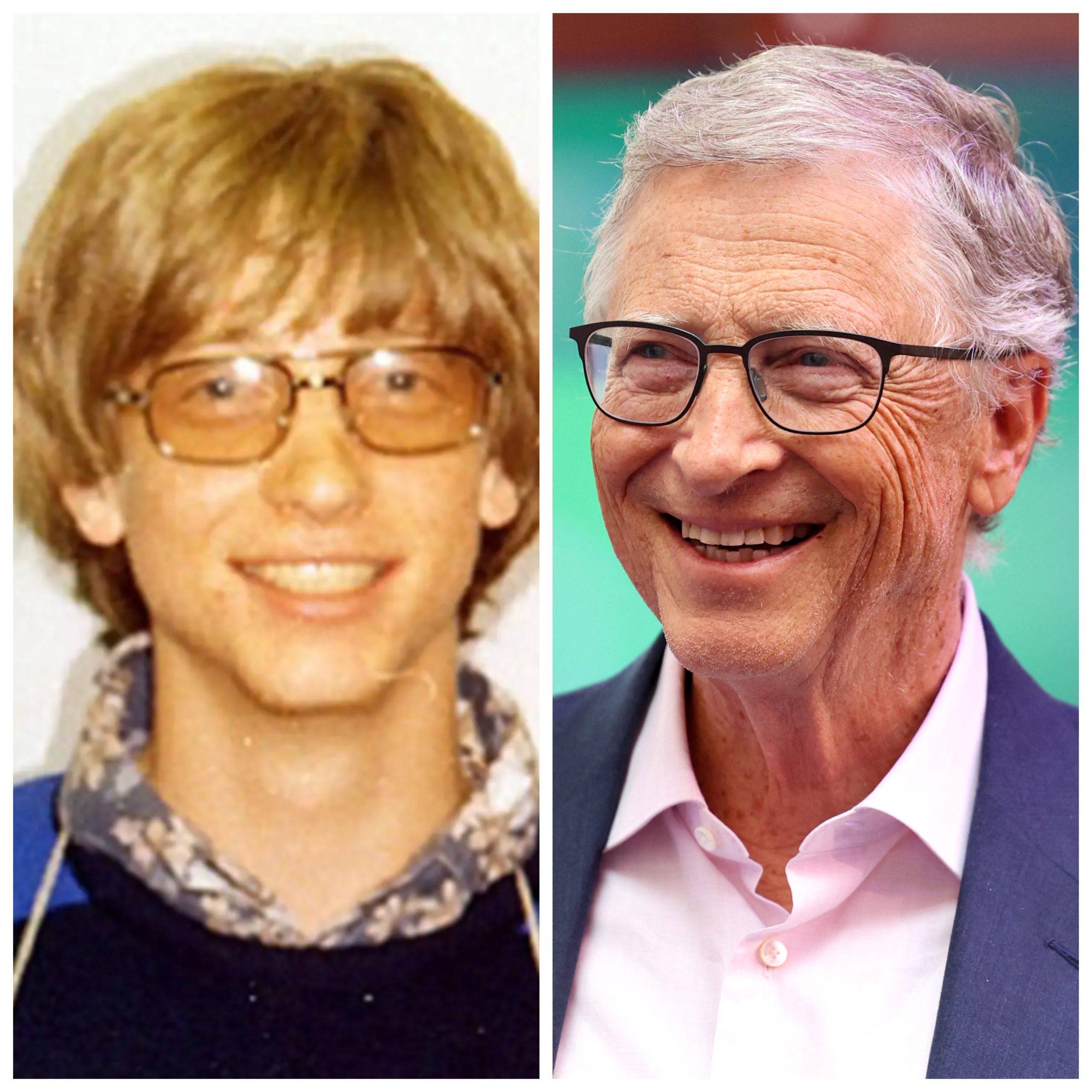 side-by-side image of Bill Gates in 1977 and 2024