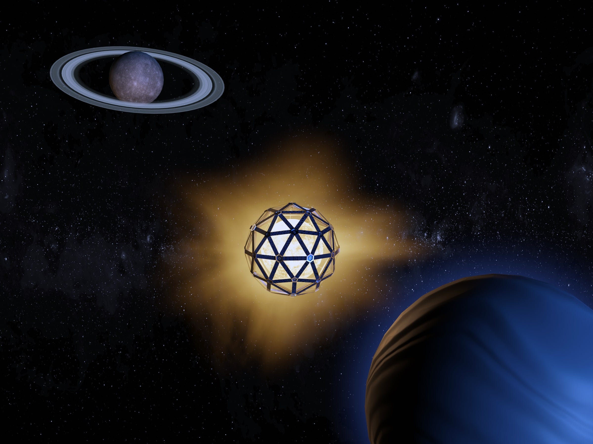 A star surrounded by a Dyson sphere floats between a ringed planet in the background and a blue planet in the foreground