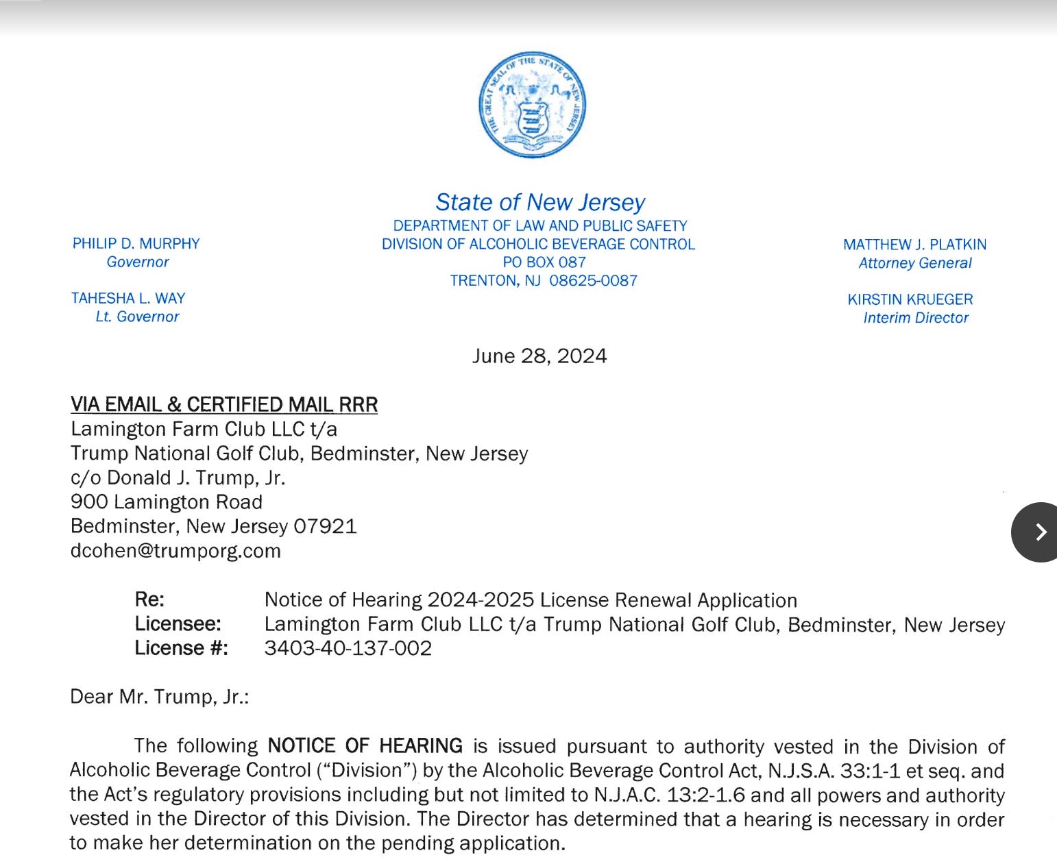 The letter New Jersey officials sent Donald Trump, Jr., notifying him that they will not automatically renew the liquor license for his father's Bedminster golf course.